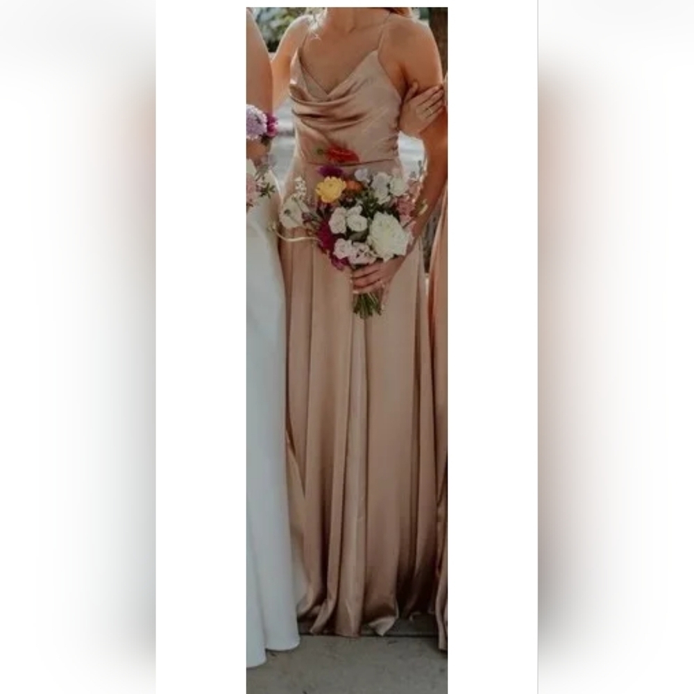 GALINA SIGNATURE CHARMEUSE COWL NECK SATIN DRESS COLOR SAND PALE PINK SZ 16 NEW - Picture 2 of 11